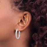 Sterling Silver Oval Hoop Earrings with Diamond Cut Textured Design for Women