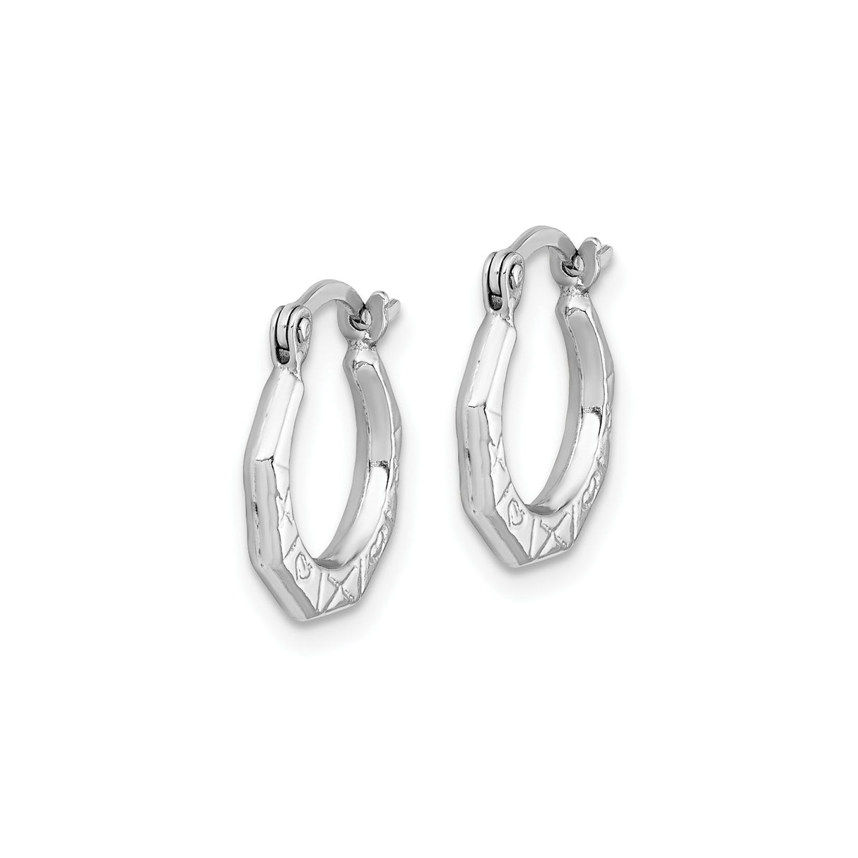 Sterling Silver Hoop Earrings, Octagon Shaped with Textured Engravings, Geometric Minimal Design