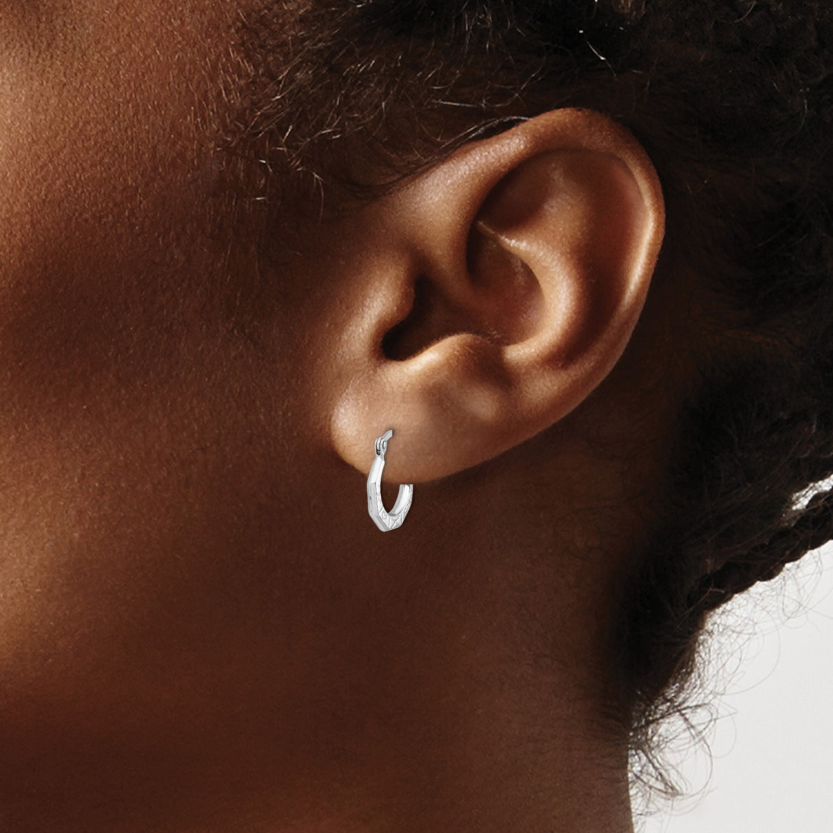 Sterling Silver Hoop Earrings, Octagon Shaped with Textured Engravings, Geometric Minimal Design