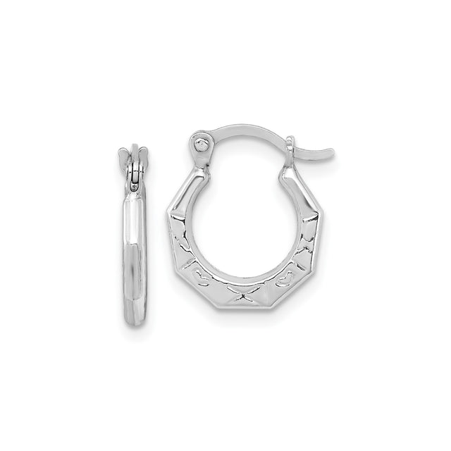 Sterling Silver Hoop Earrings, Octagon Shaped with Textured Engravings, Geometric Minimal Design