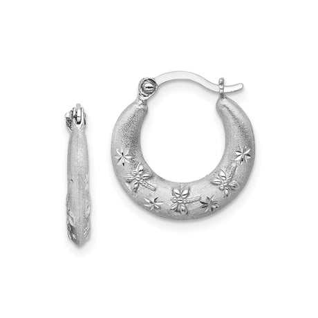 Sterling Silver Hoop Earrings with Floral and Starburst Motifs, Matte and Polished Finishes, Vintage Style