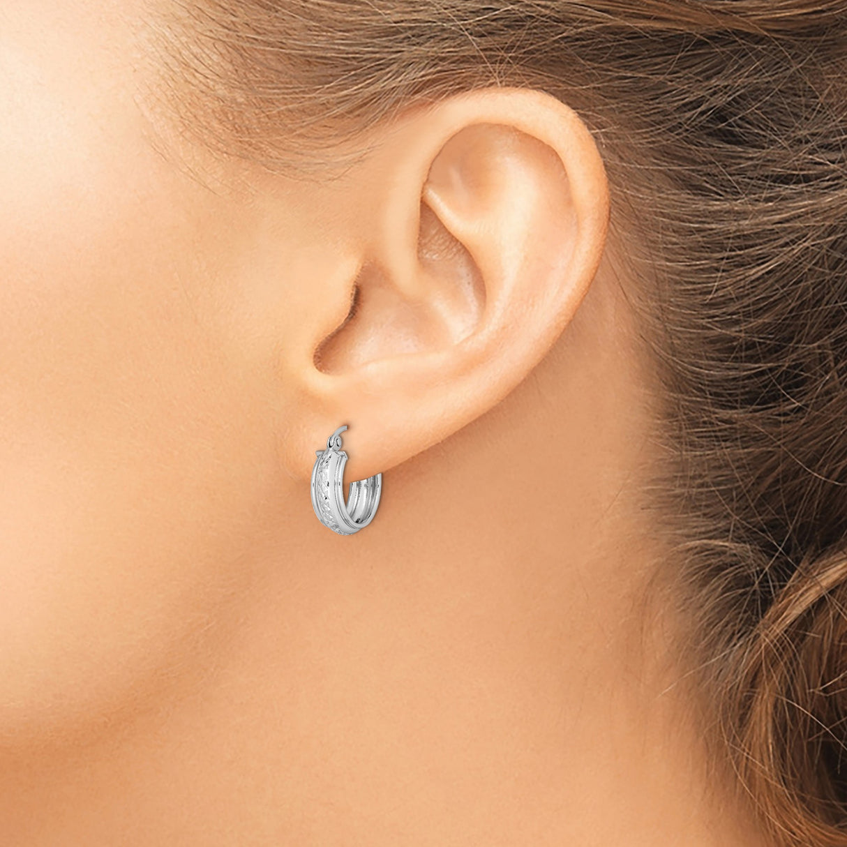Sterling Silver Hoop Earrings with Polished Finish and Diamond Cut Texture