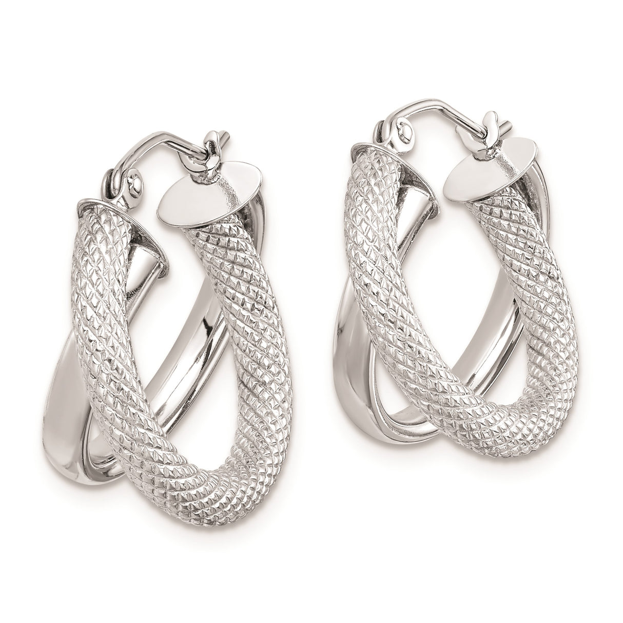 Sterling Silver Hoop Earrings with Textured Double Tube Design and Diamond Cut Finish