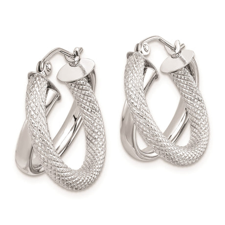 Sterling Silver Hoop Earrings with Textured Double Tube Design and Diamond Cut Finish