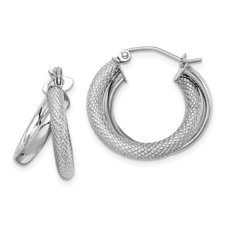 Sterling Silver Hoop Earrings with Textured Double Tube Design and Diamond Cut Finish