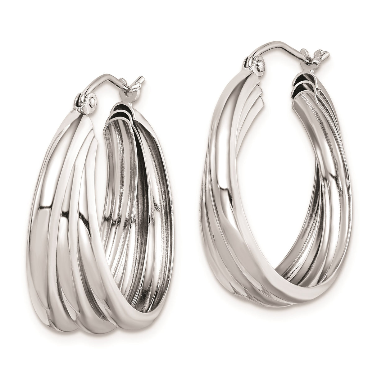 Sterling Silver Hoop Earrings, Polished Triple Row Twisted Design, Medium Size