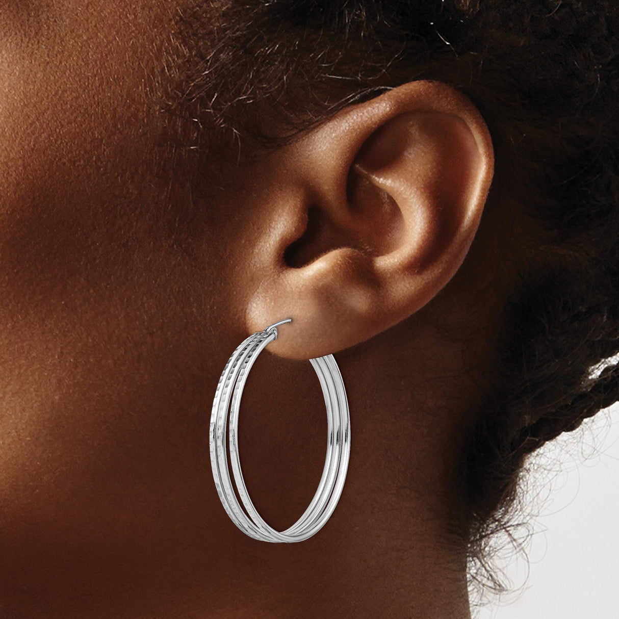 Sterling Silver Triple Row Hoop Earrings, Polished Textured Finish, Lightweight Modern Style