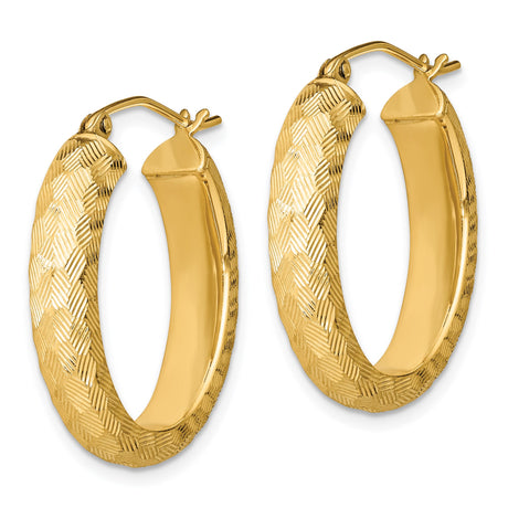 Sterling Silver Oval Hoop Earrings with Textured Diamond Cut Design, Lightweight Polished Finish