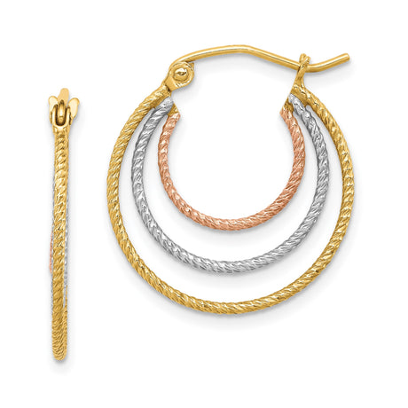 Sterling Silver Hoop Earrings with Tri-Tone Yellow, White and Rose Gold-Plated Textured Loops