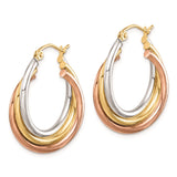 Sterling Silver Hoop Earrings, Twisted Tri-Color Rose Gold, Yellow Gold, and White Silver Layers