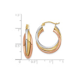 Sterling Silver Hoop Earrings, Twisted Tri-Color Rose Gold, Yellow Gold, and White Silver Layers