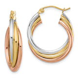 Sterling Silver Hoop Earrings, Twisted Tri-Color Rose Gold, Yellow Gold, and White Silver Layers