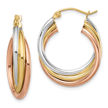 Sterling Silver Hoop Earrings, Twisted Tri-Color Rose Gold, Yellow Gold, and White Silver Layers