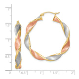Sterling Silver Twisted Tri-Color Hoop Earrings with Rose, Yellow, and White Finish for Women