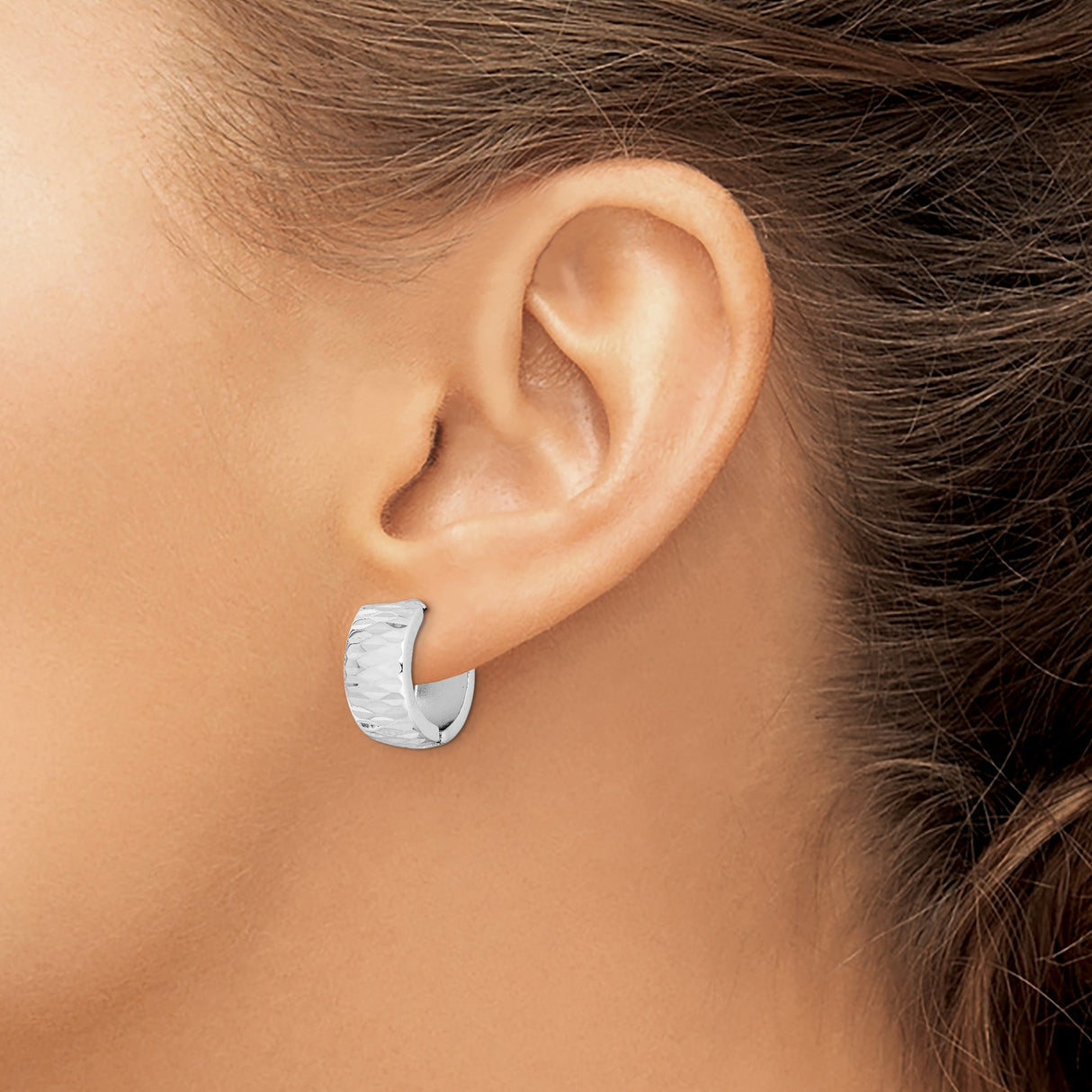 Sterling Silver Hoop Earrings with Wide Diamond Cut Textured Design and Polished Finish