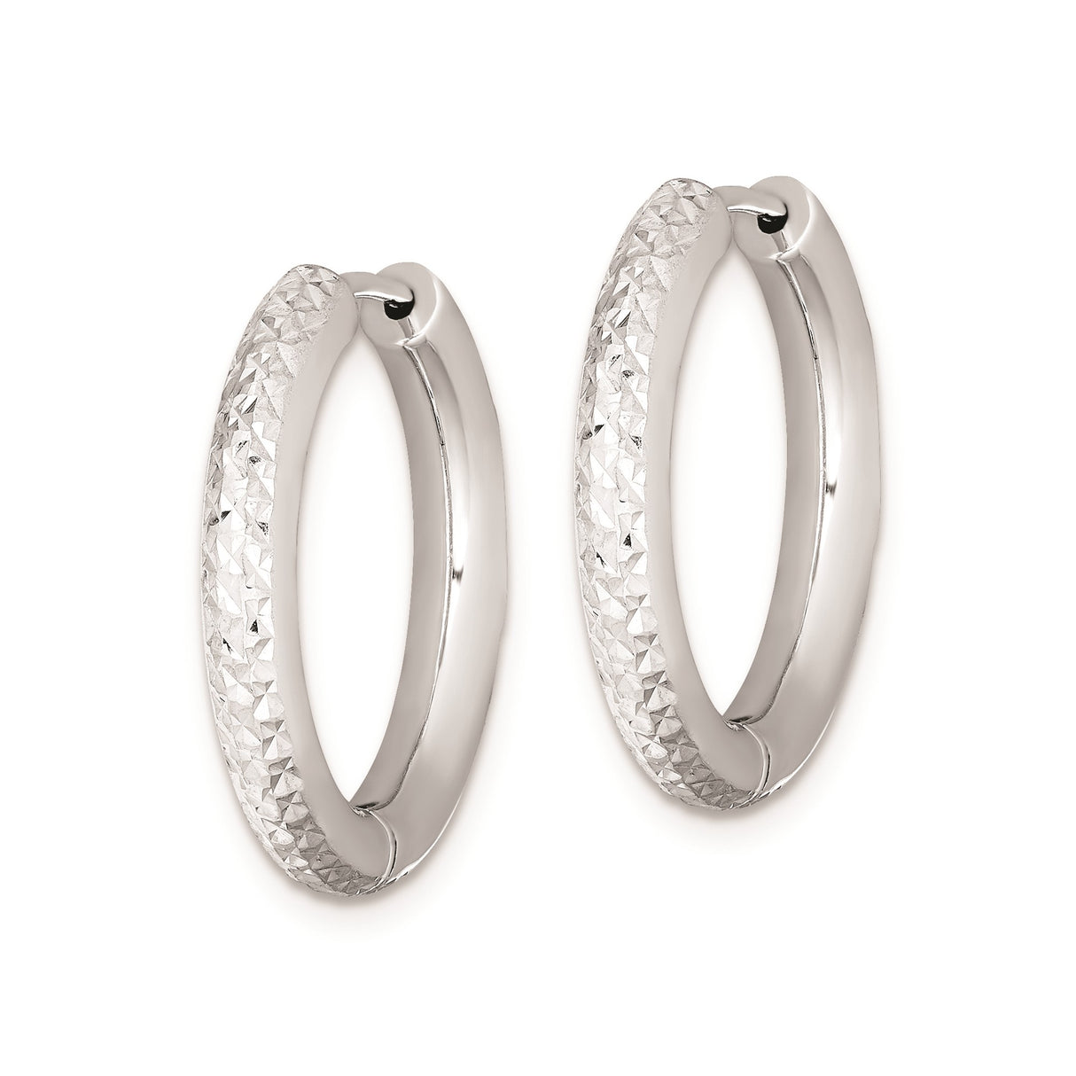 Sterling Silver Hoop Earrings, Textured Diamond-Cut Design with Hinged Closure