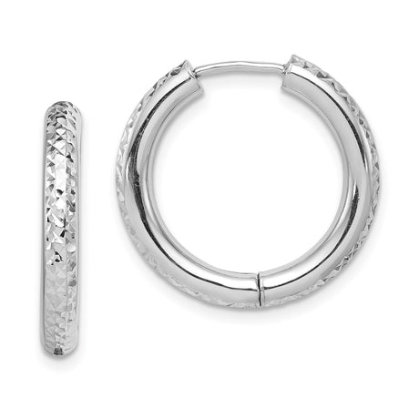 Sterling Silver Hoop Earrings, Textured Diamond-Cut Design with Hinged Closure