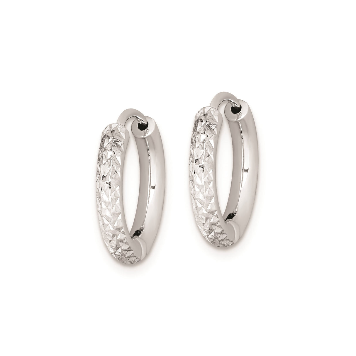 Sterling Silver Hoop Earrings with Textured Diamond Cut Design and Polished Finish
