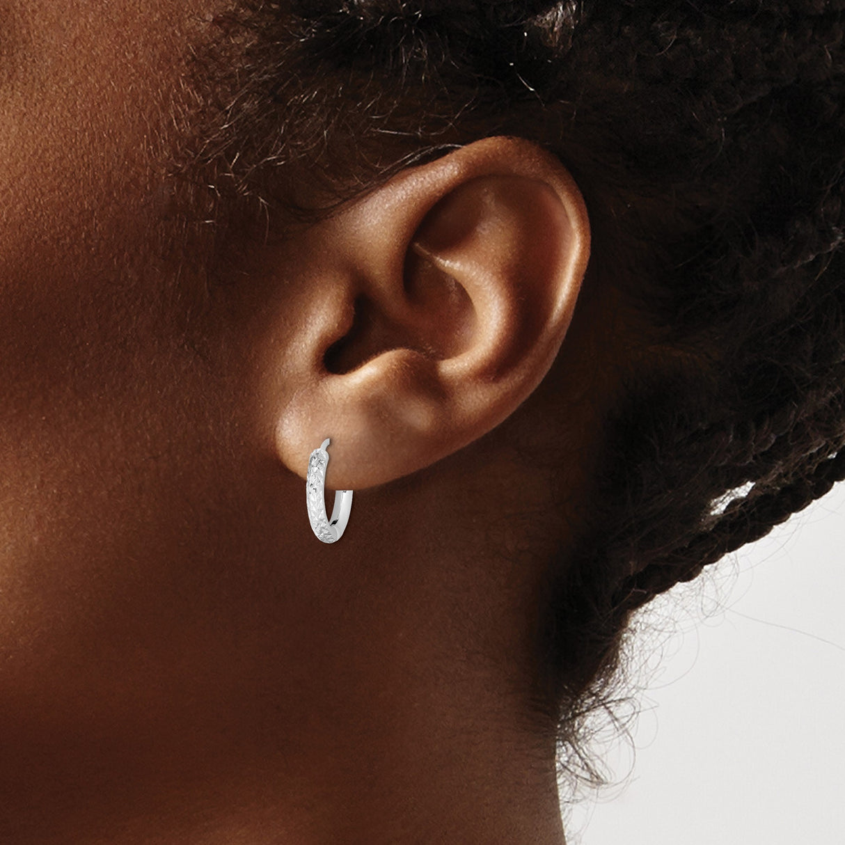 Sterling Silver Hoop Earrings with Textured Diamond Cut Design and Polished Finish