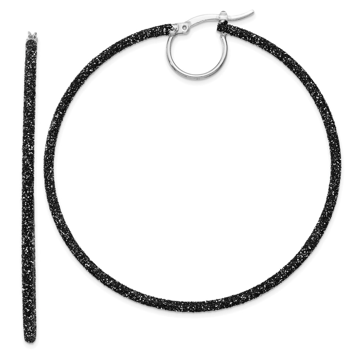 Sterling Silver Hoop Earrings with Black Textured Glitter Finish, Medium Size Minimalist Style