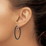 Sterling Silver Hoop Earrings with Black Glitter, Round Latch-Back, Textured Evening Style