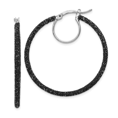 Sterling Silver Hoop Earrings with Black Glitter, Round Latch-Back, Textured Evening Style