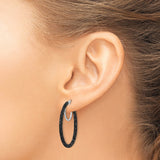 Sterling Silver Hoop Earrings with Black Glitter Tubing Design, Sparkling Finish