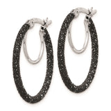 Sterling Silver Hoop Earrings, Black Glitter Enamel Medium Hoops with Textured Sparkle Finish