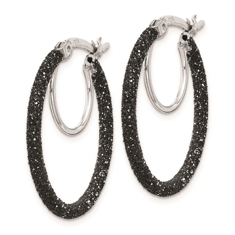 Sterling Silver Hoop Earrings, Black Glitter Enamel Medium Hoops with Textured Sparkle Finish