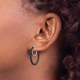 Sterling Silver Hoop Earrings, Black Glitter Enamel Medium Hoops with Textured Sparkle Finish