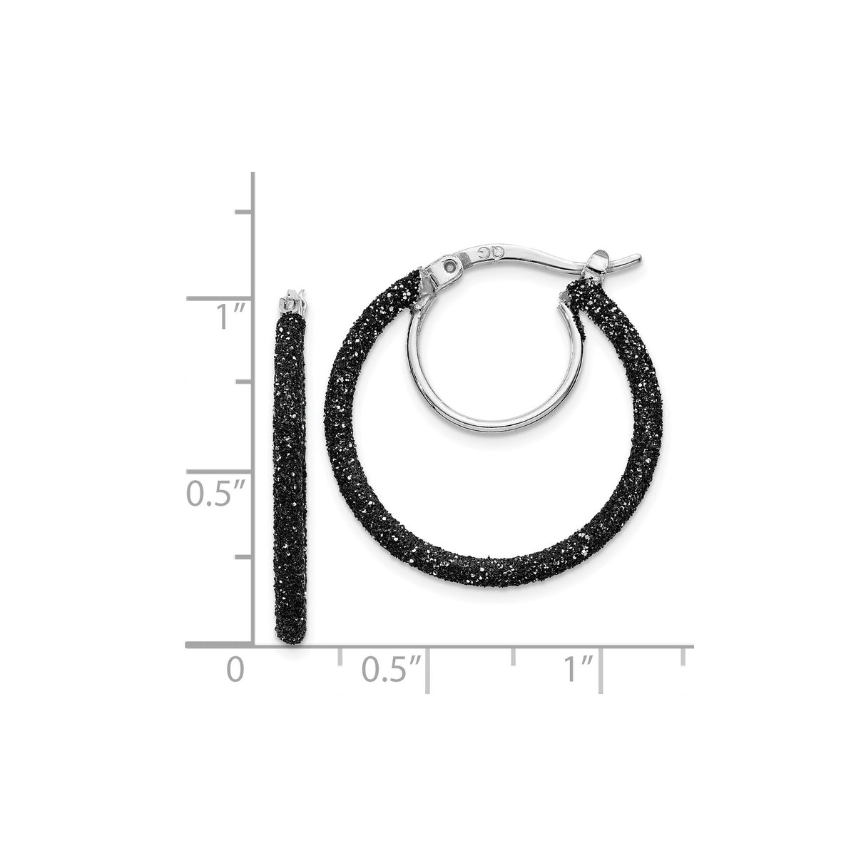 Sterling Silver Hoop Earrings, Black Glitter Enamel Medium Hoops with Textured Sparkle Finish