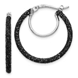 Sterling Silver Hoop Earrings, Black Glitter Enamel Medium Hoops with Textured Sparkle Finish