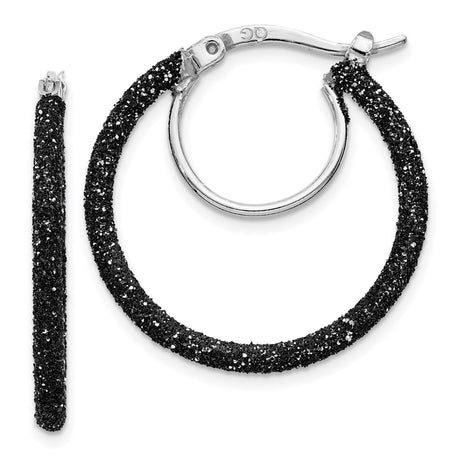 Sterling Silver Hoop Earrings, Black Glitter Enamel Medium Hoops with Textured Sparkle Finish