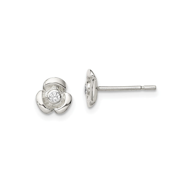Sterling Silver Flower Stud Earrings with Cubic Zirconia Center, Dainty Floral Design