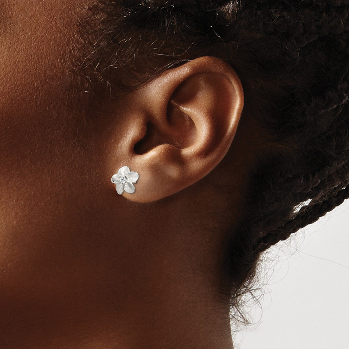 Sterling Silver Flower Stud Earrings with Cubic Zirconia Center, Five Petal Floral Design