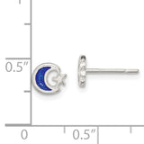 Sterling Silver Stud Earrings, Crescent Moon and Star Design with Blue Enamel Accent, Celestial Theme