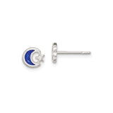 Sterling Silver Stud Earrings, Crescent Moon and Star Design with Blue Enamel Accent, Celestial Theme