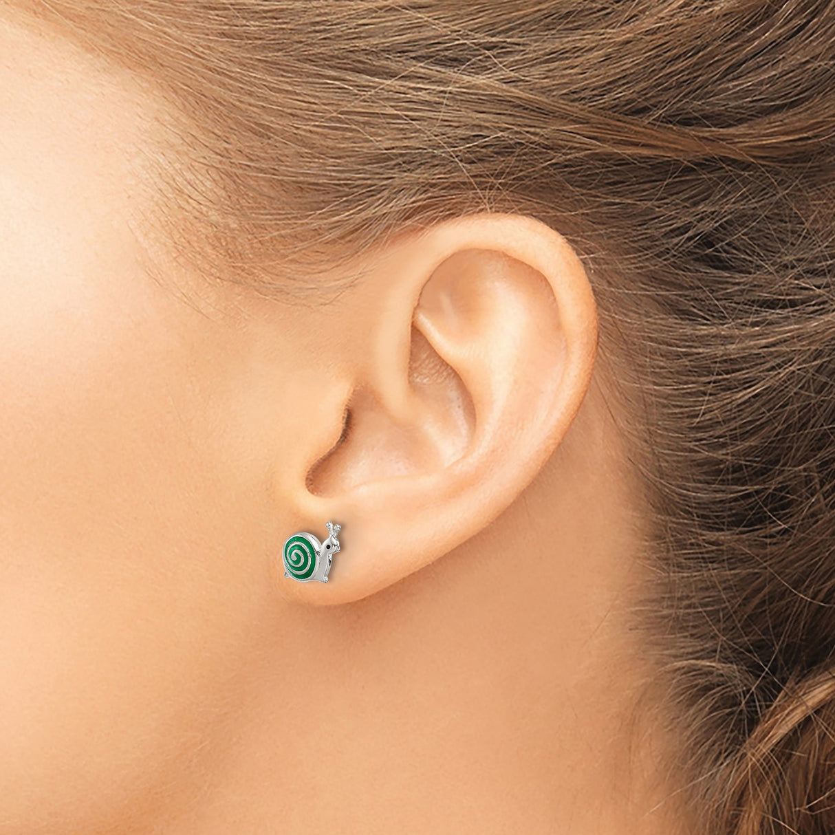 Sterling Silver Snail Stud Earrings with Green Spiral Shell Design, Whimsical Animal Theme Jewelry
