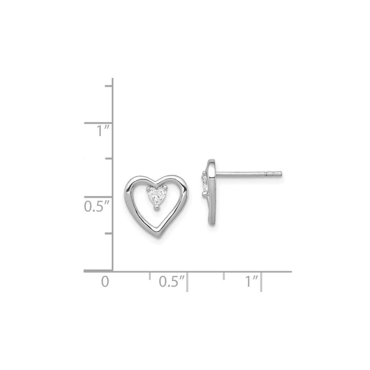 Sterling Silver Heart Stud Earrings with Open Outline and Cubic Zirconia Center