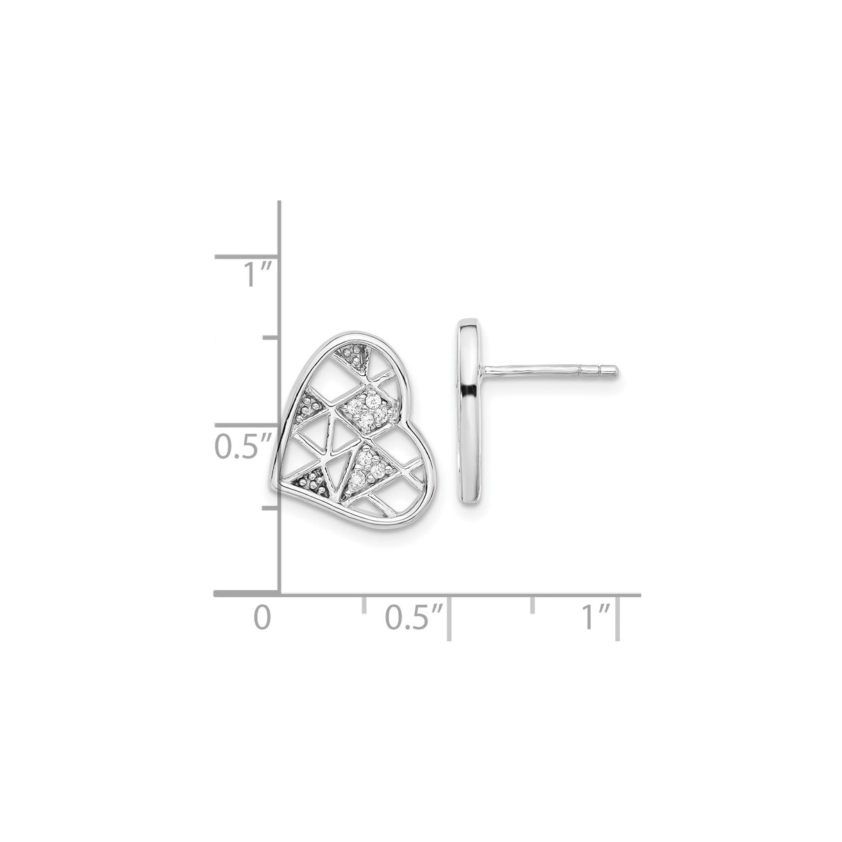 Sterling Silver Heart Shaped Stud Earrings with Cubic Zirconia and Lattice Design