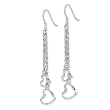 Sterling Silver Dangle Earrings with Double Open Heart Charms on Chain Drops