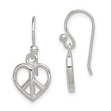Peace Symbol Heart Shaped Shepherd Hook Dangle Earrings Charm Pendant in Real 925 Sterling Silver