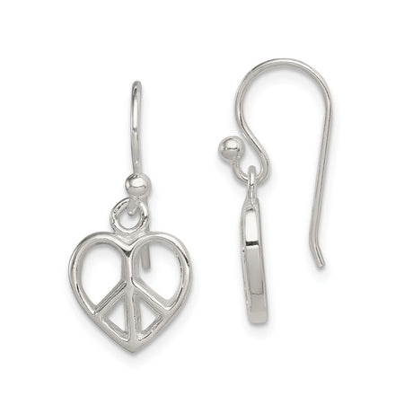 Sterling Silver Dangle Earrings with Heart Peace Sign Charms, Openwork Boho Style