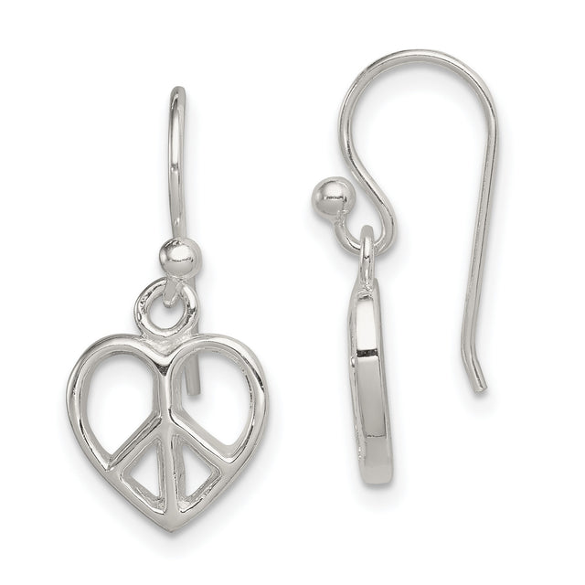 Peace Symbol Heart Shaped Shepherd Hook Dangle Earrings Charm Pendant in Real 925 Sterling Silver