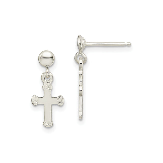 Sterling Silver Budded Cross Dangle Earrings, Polished Finish, Spiritual Minimalist Design