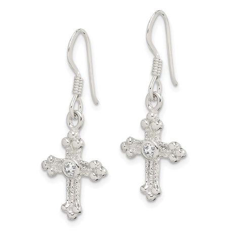 Sterling Silver Cross Dangle Earrings with Cubic Zirconia, Textured Budded Design
