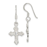 Sterling Silver Cross Dangle Earrings with Cubic Zirconia, Textured Budded Design