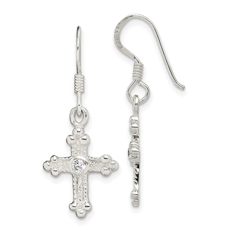 Sterling Silver Cross Dangle Earrings with Cubic Zirconia, Textured Budded Design