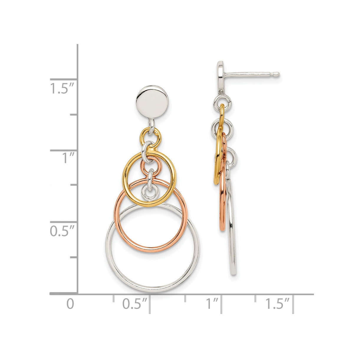 Sterling Silver Dangle Earrings with Tri-Tone Interlocking Circle Drops, Modern Geometric Design