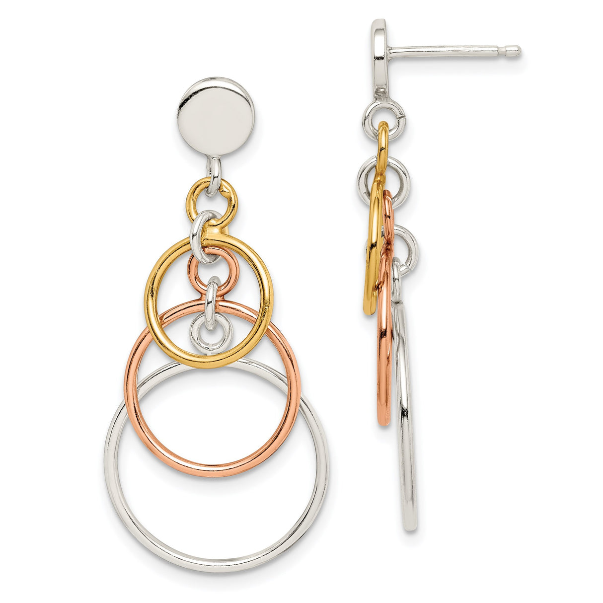 Sterling Silver Dangle Earrings with Tri-Tone Interlocking Circle Drops, Modern Geometric Design